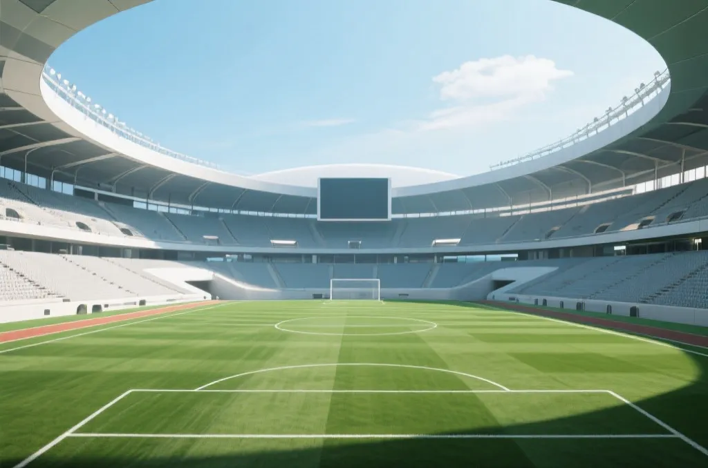 3D render of a futuristic modern sports stadium under clear sky with green field
